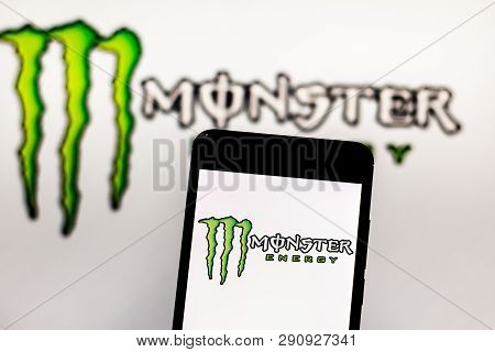 March 22, 2019, Brazil. Monster Energy Logo On The Mobile Device. Monster Is An American Brand Of En