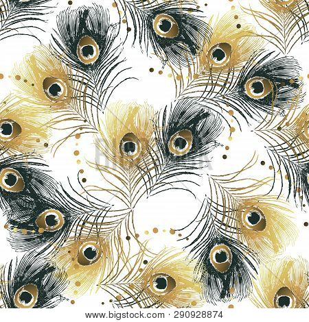 Seamless Pattern From Golden Peacock Feathers. Stock Vector