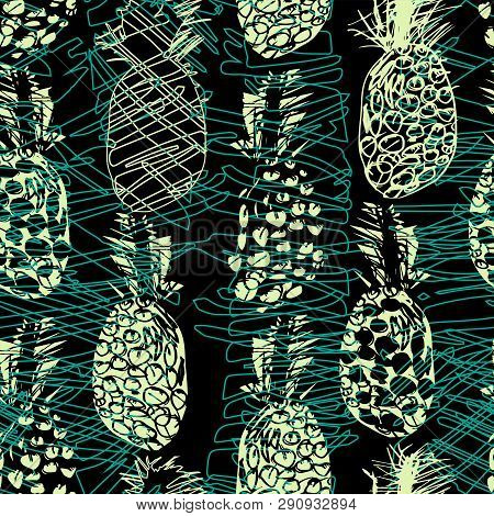Monochrome Seamless Pattern With Freehand Drawn Sketch Jungle In Doodle Style. Tropical Doodle Colle