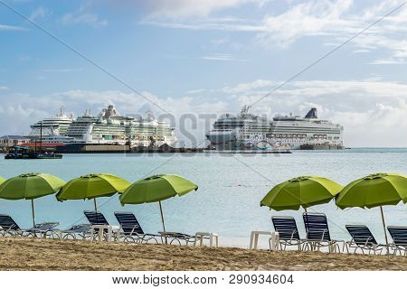 Philipsburg, St. Maarten - November 16, 2018: View From The Beach Of Norwegian (ncl) Star, Royal Car