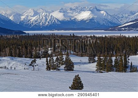 Winter Landscape Of Mountains, Lakes And Forest In Yukon, Near Carcross