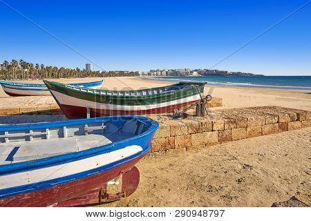Salou beach Llevant boats Levante platja in Tarragona of Catalonia