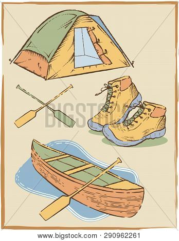 Camping Equipment Vector Set Includes Isolated Tent, Hiking Boots Or Shoes, Canoe, Oars Or Paddles O