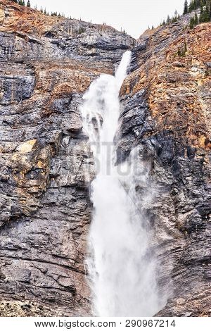 Powerful Takakkaw Falls In Yoho National Park Near Field, British Columbia, Canada, With Its Glacier