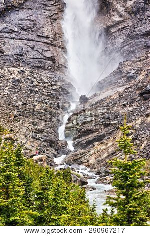Base Of Takakkaw Falls In Yoho National Park Near Field, British Columbia, Canada, With Its Glacier-
