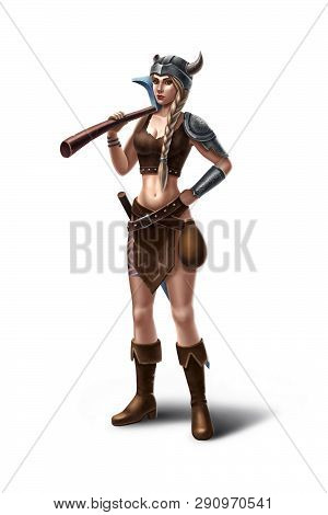 Digital Illustration Of Viking Woman With Weapon And Armor. Viking Helmet, Sword, Axe, Water Bottle,