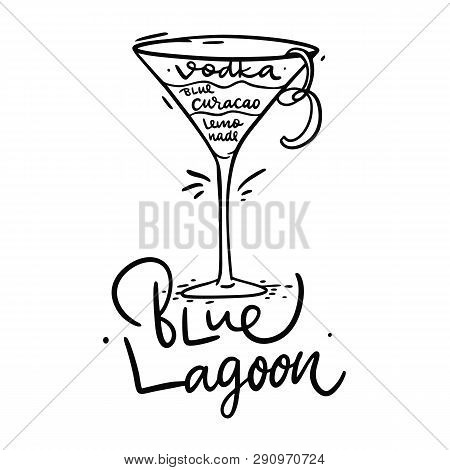 Cocktail Blue Lagon And Its Ingredients In Vintage Style. Hand Draw Vector Illustration