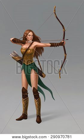 Isolated Elf Girl With Bow And Quiver Of Arrows