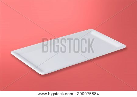 Empty White Cornered Plate On Gradient Red Rose Background, Front View, Oblique Position
