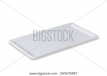 Empty White Cornered Plate Isolated On White Background, Front View, Oblique Position, Clipping Path