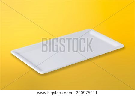 Empty White Cornered Plate On Gradient Yellow Orange Background, Front View, Oblique Position