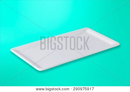 Empty White Cornered Plate On Gradient Aquamarine Petrol Background, Front View, Oblique Position