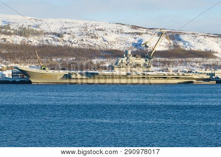 Murmansk, Russia - February 21, 2019: The Heavy Aircraft Carrier 