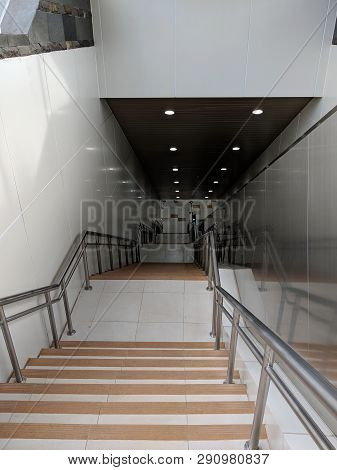 Jakarta, Indonesia - March 232, 2019: Stairway To Underground Station Of Dukuh Atas Bni Mrt Jakarta 