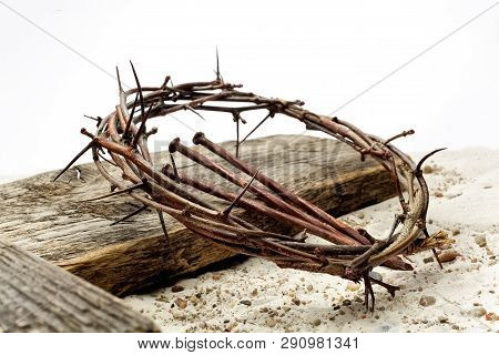 Jesus Crown Thorns And Nails And Cross On Sand. Vintage Retro Style.