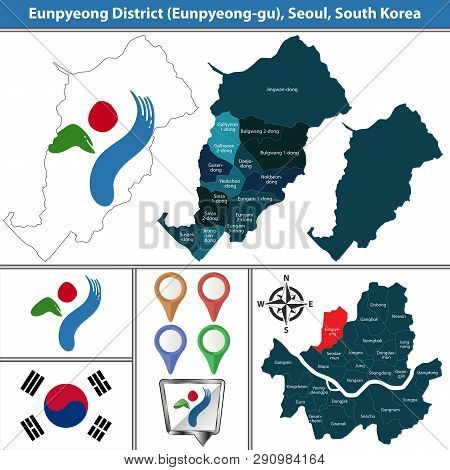 Vector Map Of Eunpyeong District Or Gu Of Seoul Metropolitan City In South Korea With Flags And Icon