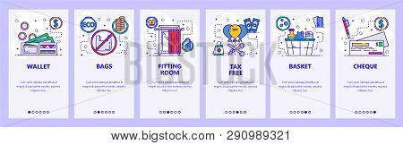 Mobile App Onboarding Screens. Shopping, Grocery Store, Retail Symbols And Icons. Menu Vector Banner