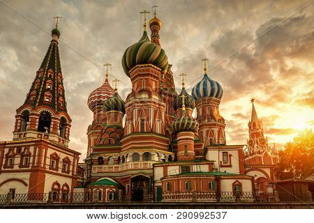 St Basil`s Cathedral And Moscow Kremlin At Sunset, Russia. St Basil`s Temple Is One Of Top Tourist A