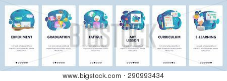 Mobile App Onboarding Screens. Biology Experiment, Graduation, Art Lesson, E-learning And Education.