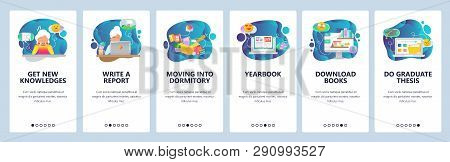 Mobile App Onboarding Screens. College And School Education Icons, Yearbook, Online Library, Thesis.