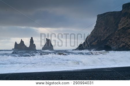 Rock Spire Of Reynisdrangur, Coast Of Reynisfjara Close To Vik, Iceland, Europe