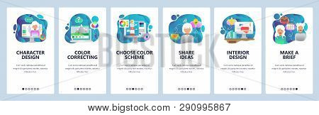 Mobile App Onboarding Screens. Design And Digital Photo Editing, Interior Design, Share Ideas. Menu 