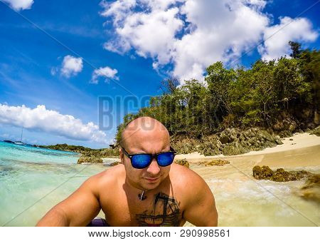 St. John, Usvi - 2019. Young Tourist On The Honeymoon Beach In St. John Usvi, Caribbean.