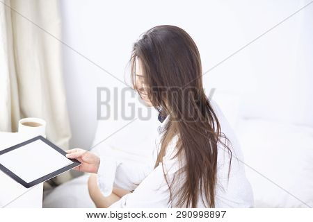 Young Beautiful Happy Brunette Woman In Black Silk Dressing Gow