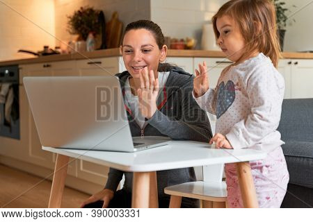 Mother And Child At Home. Video Chat. Family Doctor Online. Social Distance. Distance Learning, Home