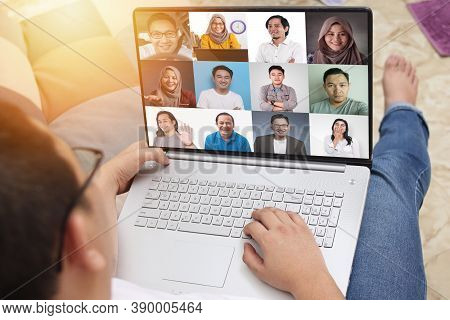 Teleconference During Work From Home Due To Coronavirus Covid Pandemic. Webcam Pc Screen Views Durin