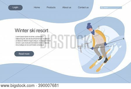 Ski Resort Landing Page Concept. Young Happy Man Skiing On Snow Vector Flat Cartoon Illustration.