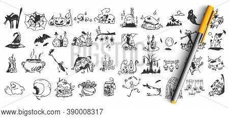 Halloween Doodle Set. Collection Of Hand Drawn Pencil Sketches Templates Patterns Of Bats Pumpkins Z