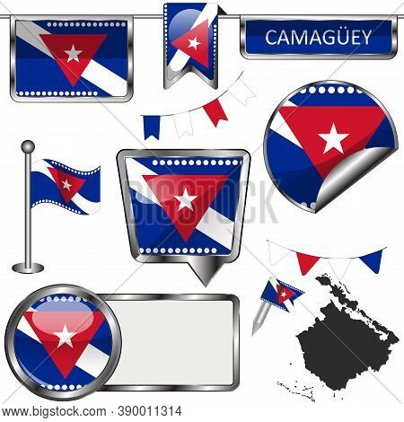 Glossy Badges Of Flag Of Camaguey, Cuba. Vector Image