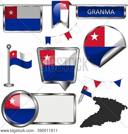 Glossy Badges Of Flag Of Granma, Cuba. Vector Image