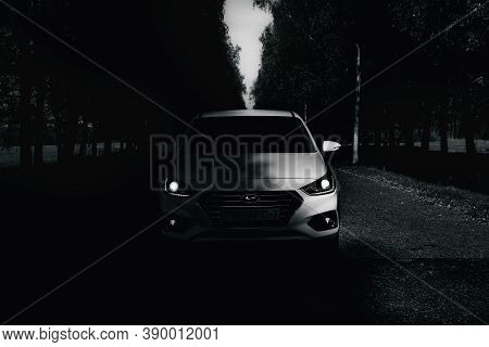 Polack, Belarus - September 9, 2018 : Urban Car Hyundai Accent Varna Or Solaris 2017 On Country Road