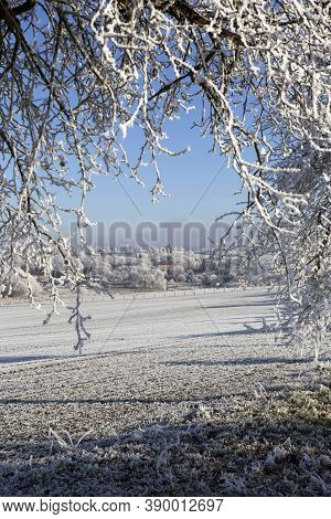 Beautiful Fairytale Snowy Winter Countryside With Blue Sky Along The River Sazava In Central Bohemia
