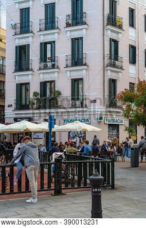 Madrid, Spain - 26 September 2020: People In Rastrillo Square In Malasana Quarter In Madrid. Malasan