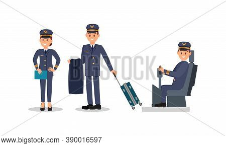Man And Woman Aircraft Pilot Wearing Professional Blue Uniform Sitting At Control Stick And Pulling 