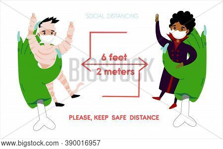 Coronavirus New Social Distancing Halloween Infographic  Banner With Covid-19  Protection Distance I