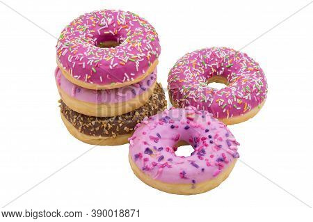 Chocolate And Berry Doughnut, Walnut Donut On A White Background, Pink And Brown Doughnut, Strawberr