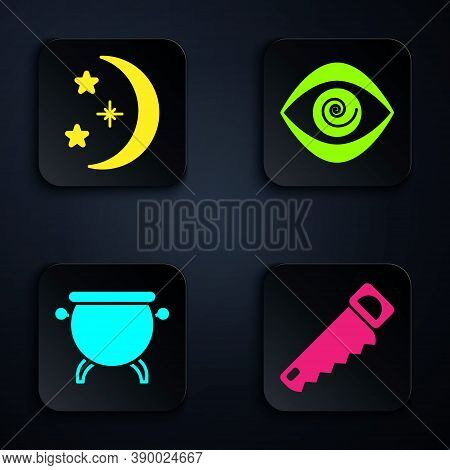 Set Hand Saw, Moon And Stars, Witch Cauldron And Hypnosis. Black Square Button. Vector