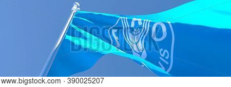 3d Rendering Of The Flag Of Food And Agriculture Organization Waving In The Wind