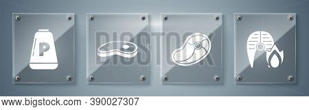 Set Grilled Fish Steak And Fire Flame, Steak Meat, Steak Meat And Pepper. Square Glass Panels. Vecto