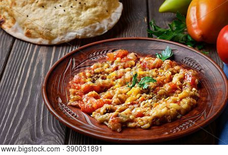 Dish Of Turkish Or Caucasian Cuisine (abu Ganush, Baba Ganush, Ajapsandali). Grilled Vegetables, Pee