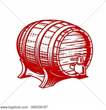 Old Wooden Wine Or Beer Barrel With Faucet In Engraving Style, Cask