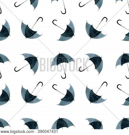 Seamless Pattern With Umbellas On White Background. Watercolor Illustration