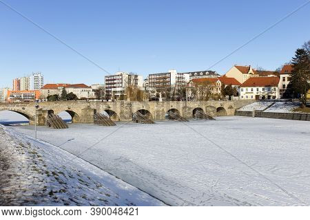 Colorful Royal Snowy Medieval Town Pisek Above The Frozen River Otava, Czech Republic