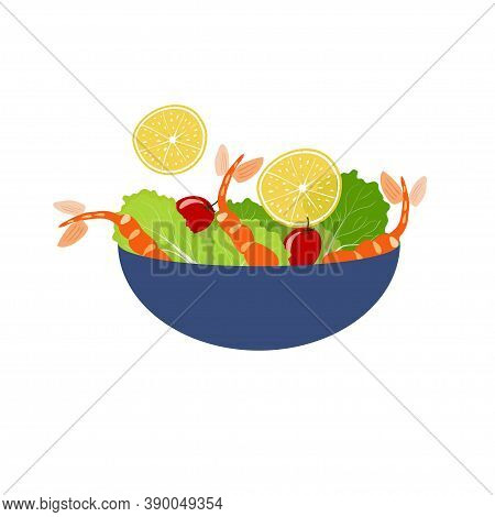 Shrimp Salad With Lettice And Lemon In A Blue Bowl