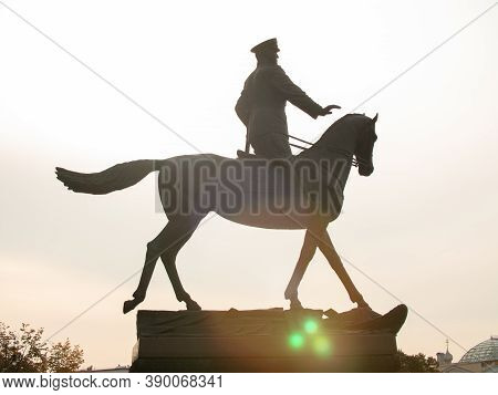 Moscow, Russia - 10.30.2020: Bronze Statue Of Soviet Marshall Georgiy Zhukov Near The Building Of Th