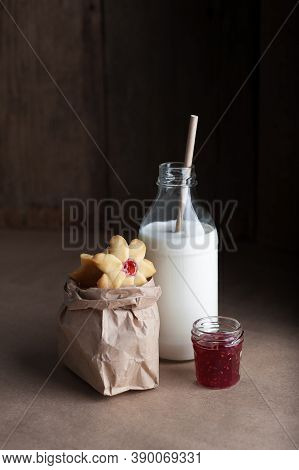 Kurabie Cookies With Raspberry Jam And Milk